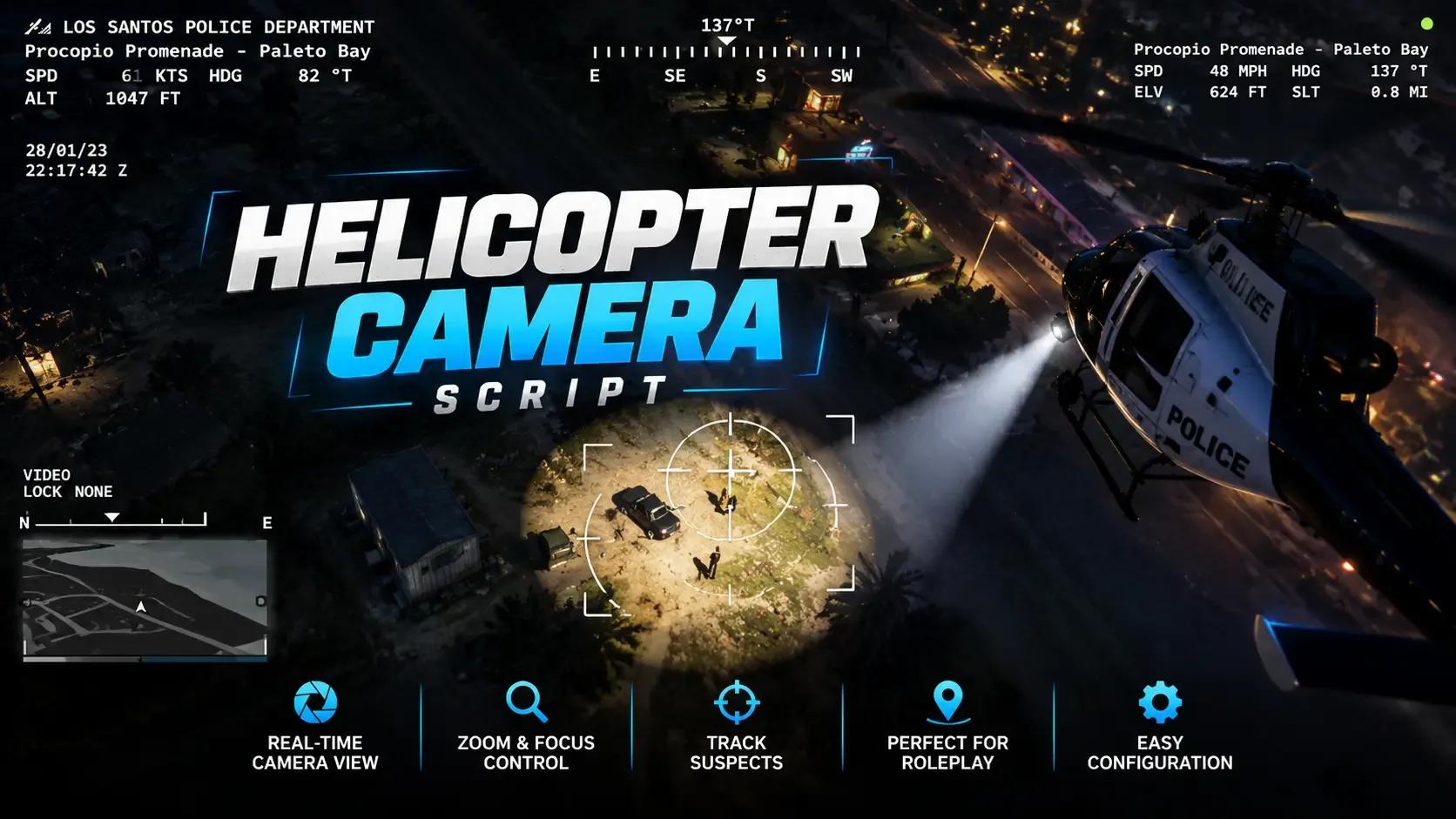 FiveM Helicopter Camera script showing police helicopter aerial surveillance and spotlight features.
