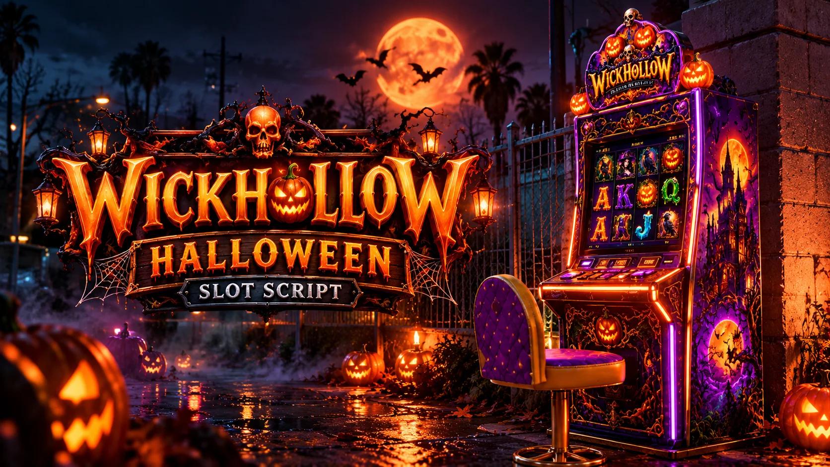 Wickhollow FiveM Halloween slot machine script cover with the glowing cabinet, stool and carved pumpkins