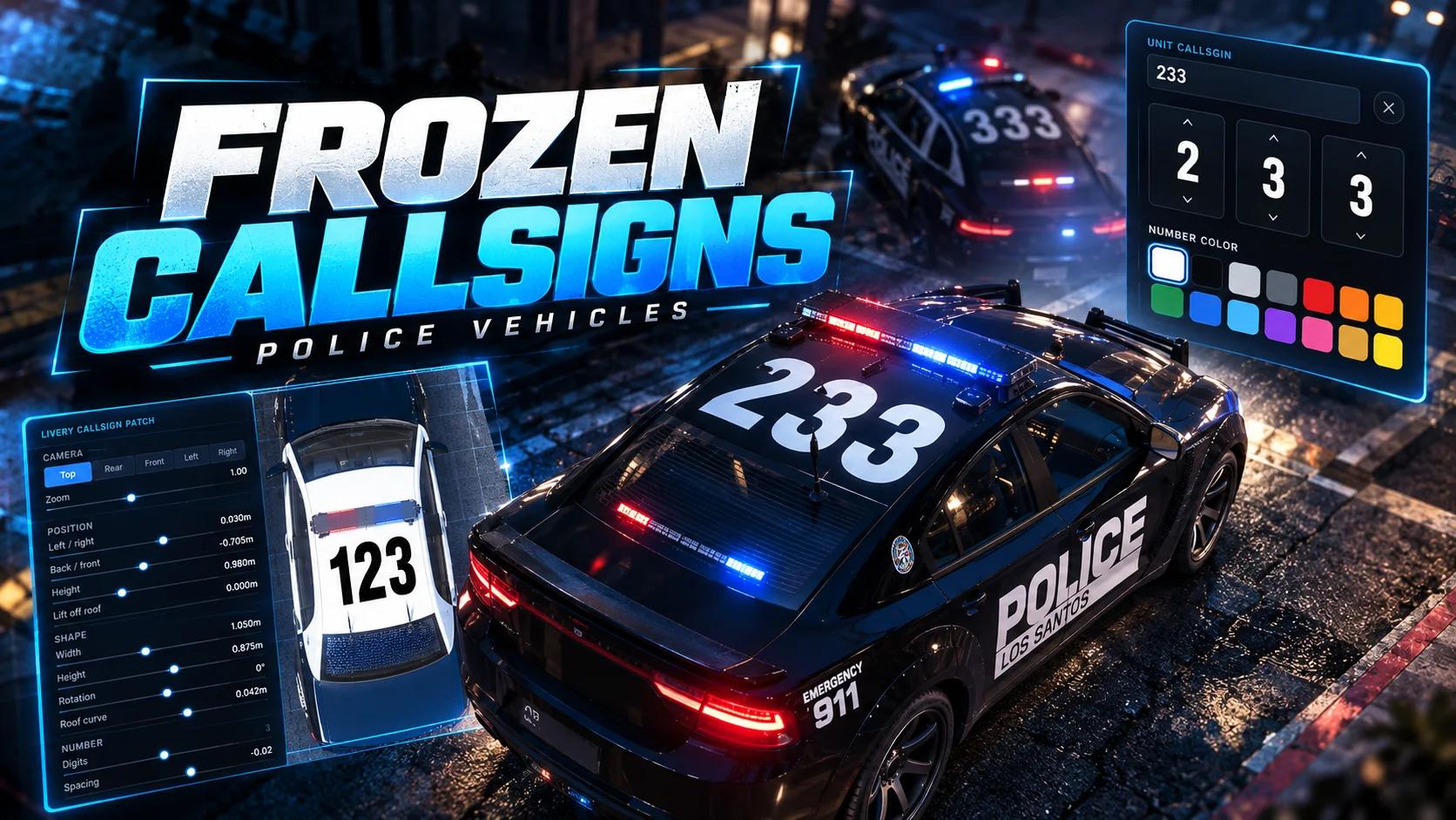 Frozen Callsigns cover: police car with roof callsign 233, the callsign menu and livery editor